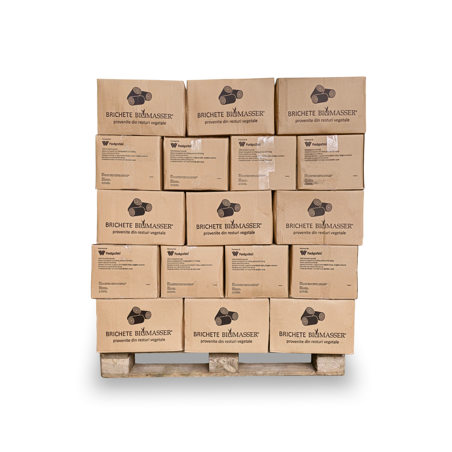 Brichete Bio BIOMASSER, Brichete paie, palet cutii front view